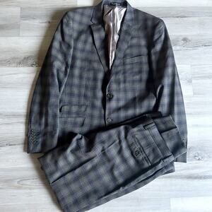 English Laundry Elegant 2pc Plaid Blazer Sz 42L Gray & Blue Checked 100% Wool